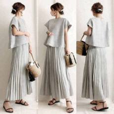 批发日系2025年夏季新款圆领短袖蝙蝠上衣压褶A摆半裙两件套