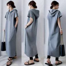 批发日系2025春季新款连帽短袖两侧插袋<b class='q'>连衣裙</b>