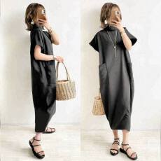 批发日系2025<b class='q'>夏季</b>新款高领短袖两侧贴袋茧型连衣裙