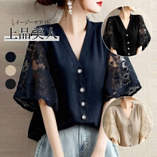批发日系2025夏季新款v领门襟系扣两袖蕾丝上衣