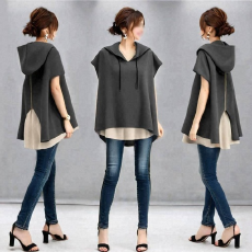 批发日系上衣女2025春季新款连帽假两件短袖上衣