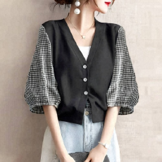 批发日系2025夏季新款v领门襟系扣拼接格纹<b class='q'>中袖</b><b class='q'>上衣</b>