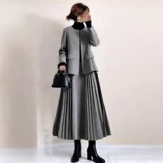 批发日系2025秋季新款圆领长袖外套压褶A摆<b class='q'>半裙</b>两件套