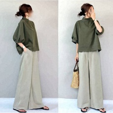 批发日韩2025年夏季新款小高领<b class='q'>中袖</b><b class='q'>上衣</b>插袋阔腿长裤两件套