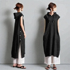 批发日系2025<b class='q'>夏季</b>新款连帽小包袖贴袋侧系扣连衣裙