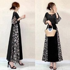 批发日系2025<b class='q'>夏季</b>新款圆领领口镂空中袖拼接碎花面料连衣裙