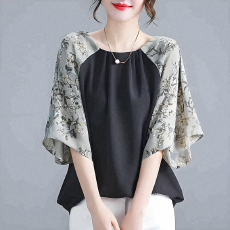 批发日系跨境衬衣女2025夏季新款圆领两袖碎花<b class='q'>中袖</b><b class='q'>上衣</b>
