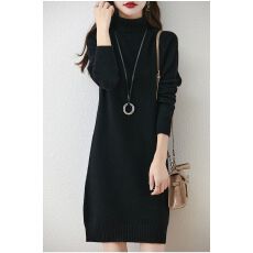 批发日系半高领女士气质大码中长款针织毛衣裙胖MM宽松时尚连衣裙
