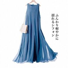 批发日系2025<b class='q'>夏季</b>新款圆领无袖A摆双层雪纺连衣裙