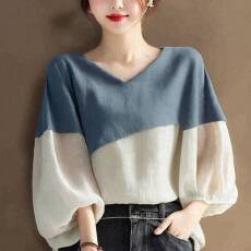 批发日系跨境衬衣女2025<b class='q'>春</b>季新款v领撞色拼接7分灯笼袖上衣