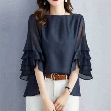 批发日系跨境衬衣女2025夏季新款一字领多层喇叭<b class='q'>中袖</b><b class='q'>上衣</b>