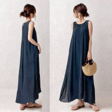 日系2025夏季新款圆领无袖领口抽褶A摆连衣裙