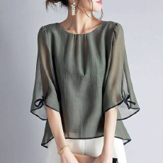 批发日系跨境<b class='q'>衬衣</b>女2025夏季新款圆领两袖绑带7分喇叭袖上衣