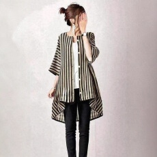 批发日系衬衣女2025夏季新款圆领单排扣条纹印花衬衣