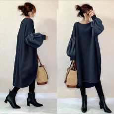 批发日系2025秋季新款圆领灯笼袖连衣<b class='q'>裙</b>