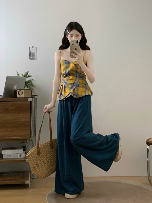 실사 빅 사이즈 여성 의류 여름 드레스 새로운 통통한 여동생 디자인 센스 황색 체크무늬 슬립 데님 와이드 레그 팬츠 세트