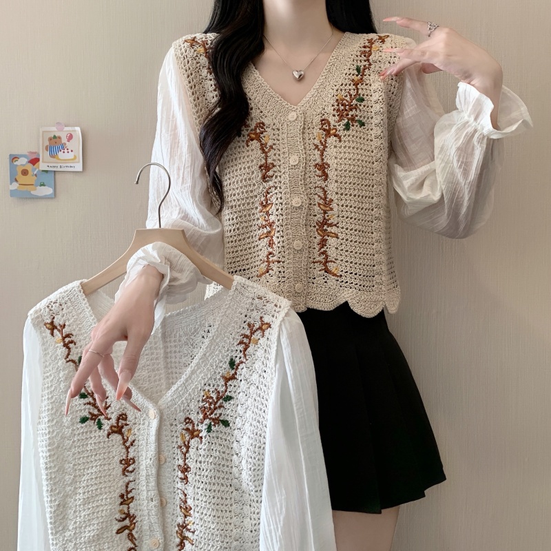 실사 빅 사이즈 여성 의류 새로운 여름 달콤함 연령 감소 자수 자수 쉬폰 패치워크 다용도 자외선 차단 작은 셔츠