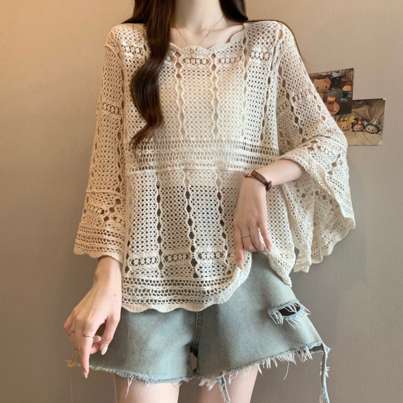 실사 빅 사이즈 여성 의류 여름 새로운 자수 홀로우 아웃 부드러운 품격 나팔 소매 루즈핏 슬림해 보이는 다용도 블라우스