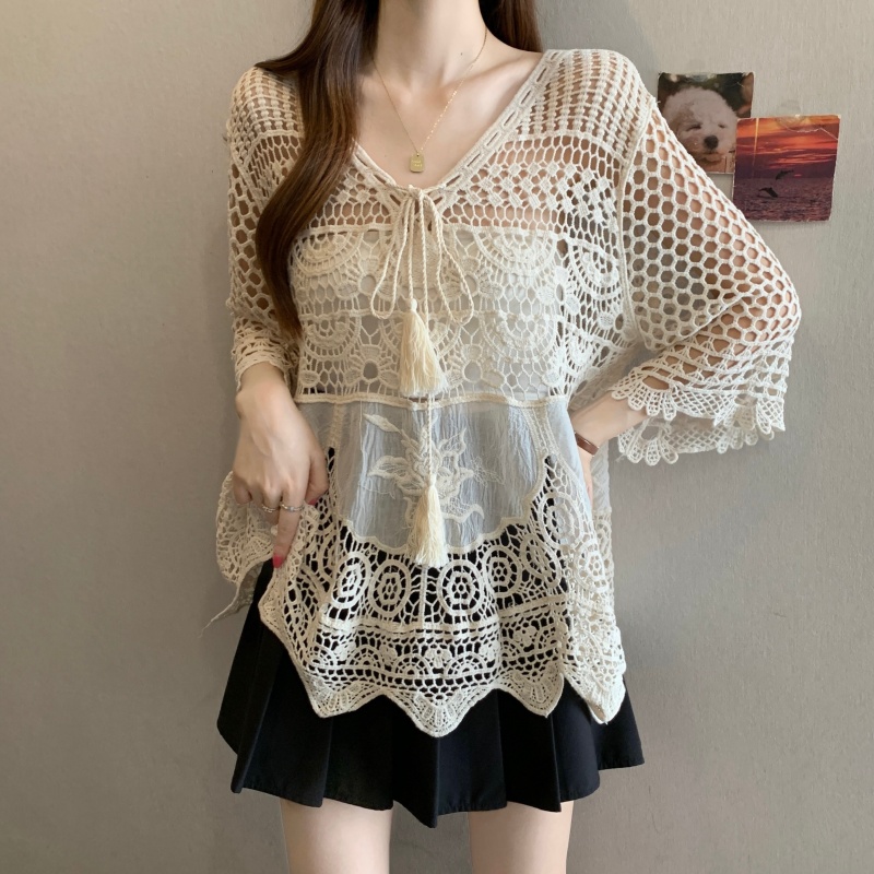 실사 빅 사이즈 여성 의류 여름 드레스 새로운 지방 mm 우아함 품격 홀로우 아웃 자수 달콤함 레이스 V넥 레이스업 맨위
