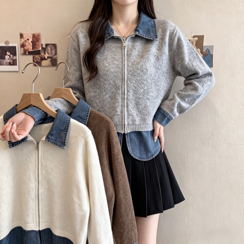 -大码女装秋冬新款胖MM休闲百搭拼接设计牛仔宽松上衣 服裝批發女裝批發服飾貨源