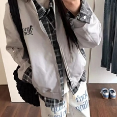 批发美式复古假两件衬衫格子<b class='q'>夹克</b><b class='q'>外套</b>男女休闲宽松飞行服潮