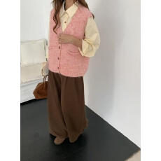 批发韩系卷边v领针织开衫马甲女<b class='q'>秋</b>冬季新款宽松百搭叠穿坎肩毛衣背心