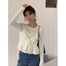 批发<b class='q'>荷叶边</b>甜系假两件针织衫女装秋季韩系百搭设计感套头长袖个性上衣