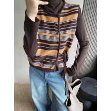 批发复古巨好看条纹马甲秋季女装2025新款圆领别致收腰设计百搭针织衫