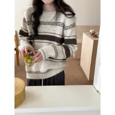 批发秋冬新款2025<b class='q'>针织</b>衫条纹内搭上衣圆领女装宽松套头韩系短款毛衣