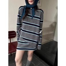 批发<b class='q'>欧洲站</b>2025秋冬新款圆领撞色条纹宽松绵羊毛毛衣+高腰半身裙<b class='q'>套装</b>