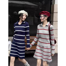 美式复古翻领针织套装女秋冬新款条纹套头上衣配半身裙时尚两件套