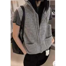 批发韩国东大门秋季新款简约连帽拉链抽绳带口袋宽松厚款马夹背心上衣