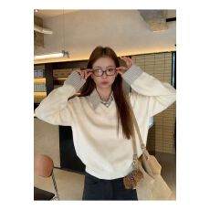 批发韩系<b class='q'>假两件</b>设计感翻领毛衣女秋冬<b class='q'>衬衫</b>拼接针织衫复古宽松休闲上衣