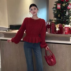 批发法式灯笼袖荷叶边圆领套头毛衣女秋冬季慵懒风收腰内搭针织衫<b class='q'>上衣</b>