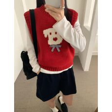 批发圆领小狗提花设计感蝴蝶结针织马甲<b class='q'>冬</b>季慵懒感背心马夹外搭