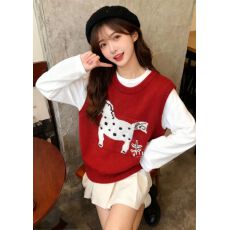 批发新年圣诞红色韩系慵懒风软糯马甲毛衣女新款宽松显瘦针织衫上衣