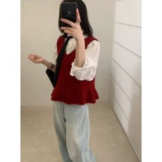 批发无袖V领针织<b class='q'>马甲</b>背心女春秋2026新款韩系减龄荷叶边叠穿<b class='q'>马夹</b>上衣