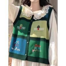 批发复古拼色格子<b class='q'>刺绣</b>花朵针织马甲女秋季甜美减龄宽松叠穿无袖<b class='q'>上衣</b>潮