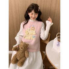 批发森女部落蛋糕玩偶设计感针织背心女新款宽松显瘦<b class='q'>甜美</b>风叠穿马甲春