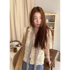 批发韩版甜美针织<b class='q'>开衫</b>女夏季钩花镂空薄款短袖罩衫设计感修身显瘦上衣