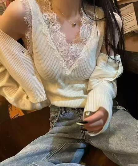 스택 착용 속눈썹 레이스 캐미솔 봄 여름 고유 한 Chic V넥 니트 인사이드 잡아라. 의류 민소매 기본 셔츠