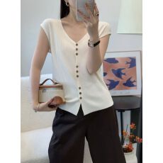 批发法式设计感V领<b class='q'>针织</b>短袖T恤女夏季薄款修身显瘦休闲小飞袖冰丝上衣