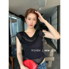 批发<b class='q'>花朵</b>荡领<b class='q'>T</b><b class='q'>恤</b>法式薄针织衫背心无袖V领显瘦独特飘带超好看短款上衣