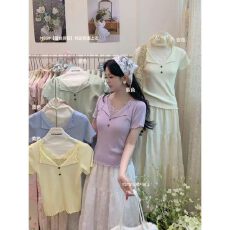 批发法式假两件翻领蕾丝拼接短袖针织<b class='q'>衫</b>女2026夏季新款小个子显瘦上衣