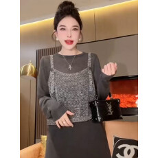 批发欧货假两件吊带马甲+针织衫<b class='q'>上衣</b>女2025秋冬新款宽松外搭时尚套装