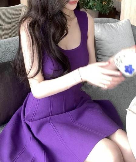작은 키 여름 여성 몸매 가꾸기 고유 한 Chic 보라색 민소매 허리 수축 드레스 인사이드 가져 가라. 퍼프 한 마디 기본 스커트
