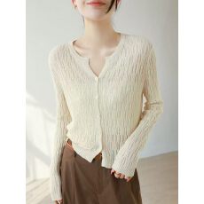 批发设计感<b class='q'>针织</b>开衫通勤风剪刀领镂空长袖微透防晒空调衫春季时尚外套