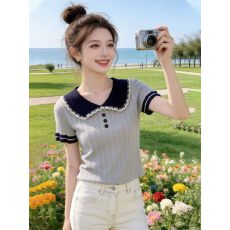 批发<b class='q'>甜美</b>漂亮花边娃娃领短袖t恤女2026夏季新款学院风显瘦针织衫上衣