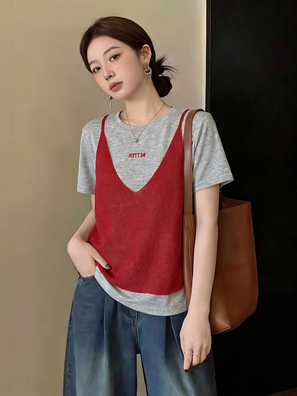 디자인 센스 페이크 레이어드 배색 라운드 넥 맨위 여성 빅 사이즈 지방 mm 여름 한 스타일 chic 루즈핏 슬림해 보이는 니트 스웨터