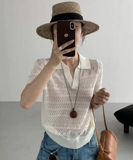 오래된 돈 바람 POLO 칼라 홀로우 아웃 니트 스웨터 여성 여름 화이트 반팔 티셔츠 2026 새로운 루즈핏 슬림해 보이는 맨위